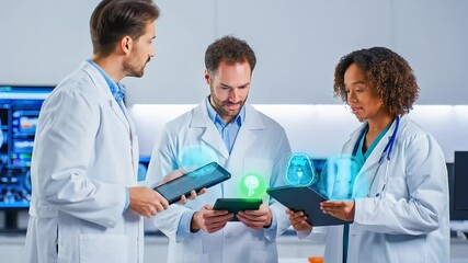 A diverse team of doctors and scientists collaborates in a futuristic laboratory, analyzing holographic brain scans on tablets - Powered by Adobe