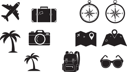 A comprehensive set of monochrome travel icons, perfect for tourism, vacation, and adventure themes. Includes airplane, luggage, and map symbols.