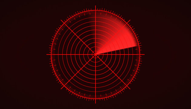 Illustration of a radar screen in red with scanning beam on dark background - virtual dashboard interface.