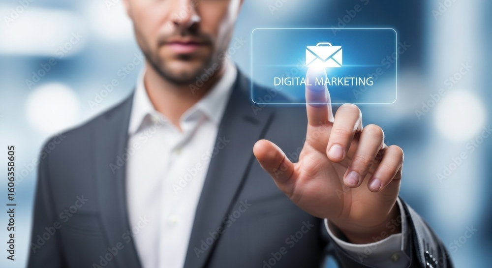 Poster a man in a suit touching a digital marketing button with a briefcase and email icon on a screen