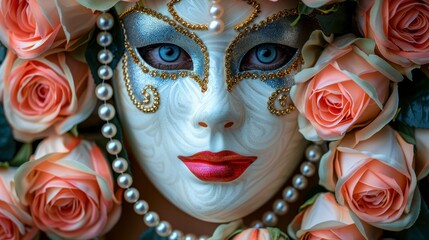 Ornate mask with pearl necklace and roses framing a face with bright blue eyes and red lips