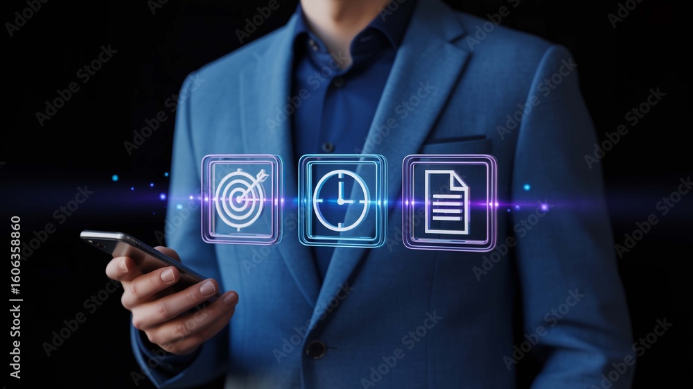 Poster business man managing tasks on phone with clock document target icons professional digital on transp