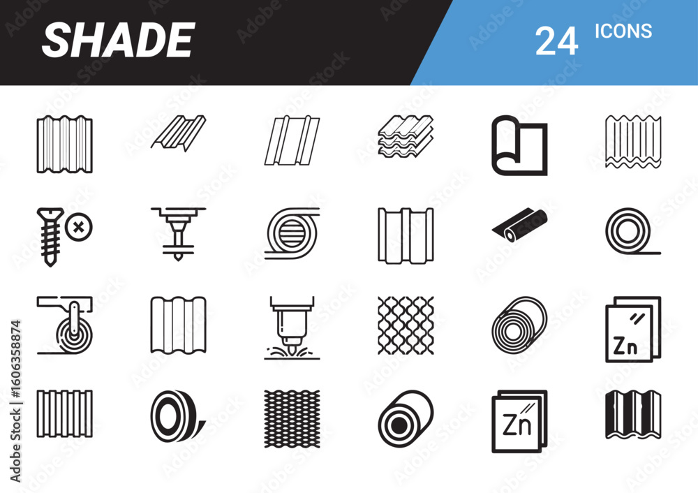 Aufkleber shade icons: a comprehensive collection of 24 minimalist line icons representing various shades and 