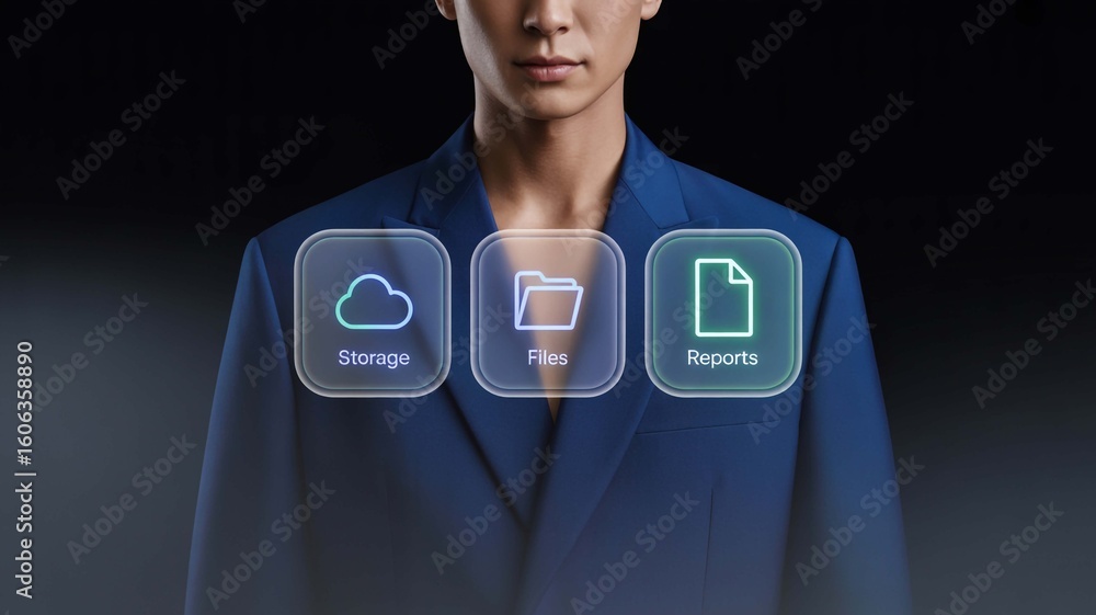 Poster business technology concept with storage files and reports icons displayed on transparent background