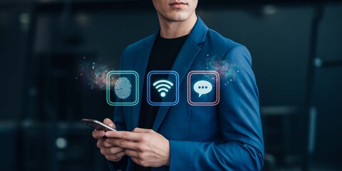 Businessman Using Smartphone with Security Icons Fingerprint WiFi Messages Data Protection on transparent background