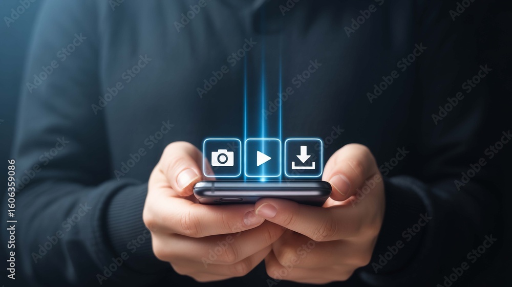 Poster mobile application concept design of a hand holding a smartphone displaying digital icons on transpa