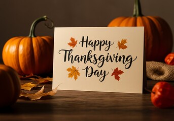 Greeting Card for Thanksgiving with Pumpkins and Fall Leaves