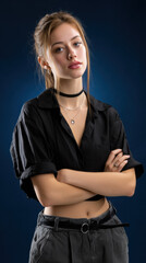 Young woman with a bold look, standing confidently in a photo studio. 