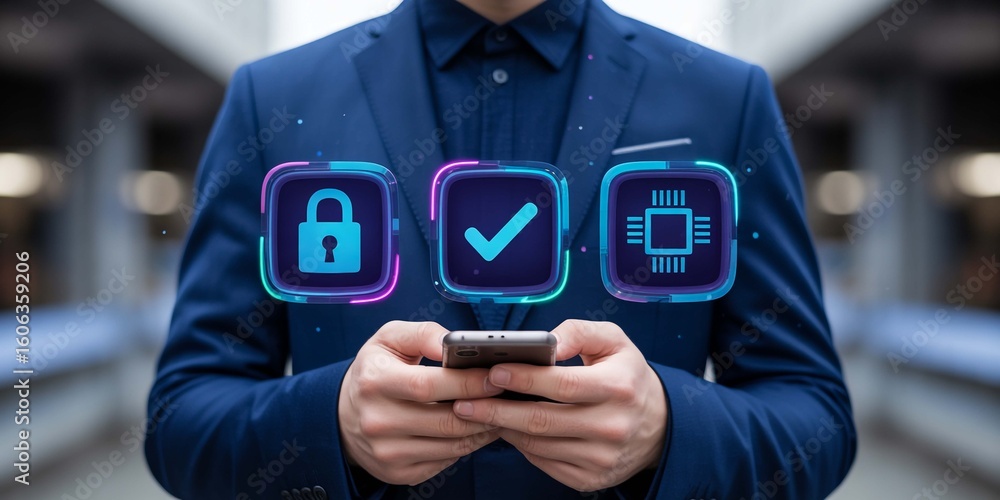 Poster secure mobile banking man in blue suit using phone with lock check and chip icons illustrating on tr