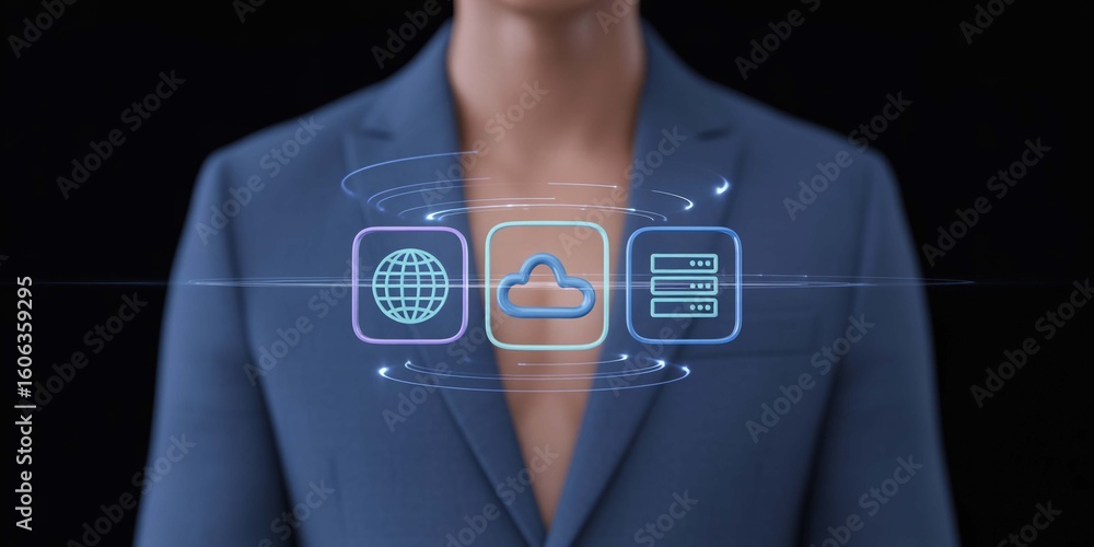 Poster business strategy man in suit displaying global cloud network server icons on transparent background