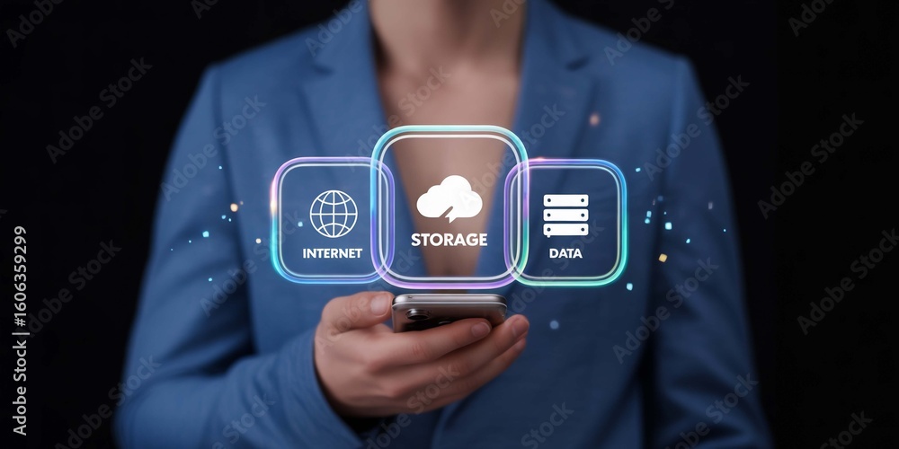 Poster cloud storage and data solutions showcased on phone internet connectivity file transfer on transpare