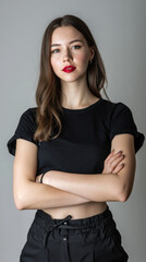 Young woman with a bold look, standing confidently in a photo studio. 