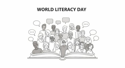 A diverse community learning from an open book, symbolizing global literacy and education.