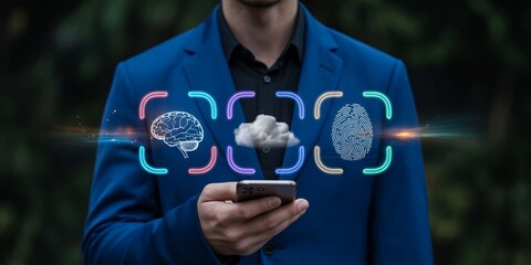 Innovative man in blue suit holding phone with brain cloud fingerprint interface creative tech on transparent background