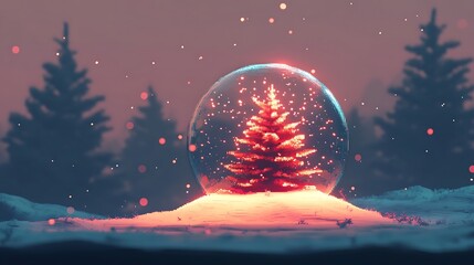 Stylized snow globe with glowing pine on pixelated snow