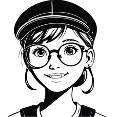 Fototapeta premium Young female student wearing glasses and a cap, smiling and looking upward. Smiling student in casual wear, against a white background. Teen student at school.