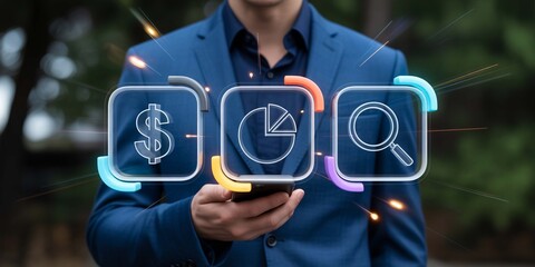 Digital finance growth strategy with mobile investment analysis business intelligence and data on transparent background