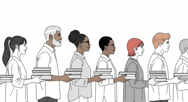 Collaboration and knowledge sharing illustrated by a diverse team passing books - Powered by Adobe