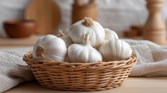 Close-up shot of a basket overflowing with fresh, organic garlic bulbs, evoking a sense of natural harvest and culinary delight. The details of each bulb are clearly visible.