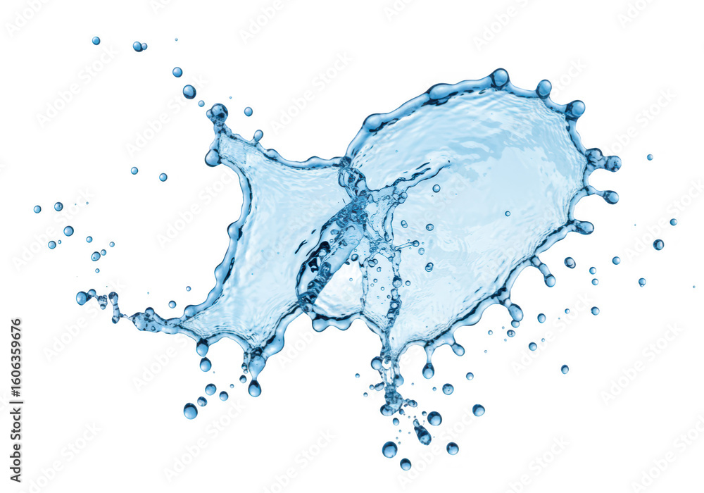 Poster a dynamic splash of clear blue water with many small droplets frozen in motion, creating an abstract