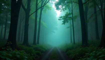Fototapeta premium Enchanting forest path beckons with soft light, perfect for nature lovers seeking tranquility and scenic beauty