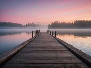 Fototapeta premium Rustic Wooden Pier Leading Into Misty Lake at Sunrise