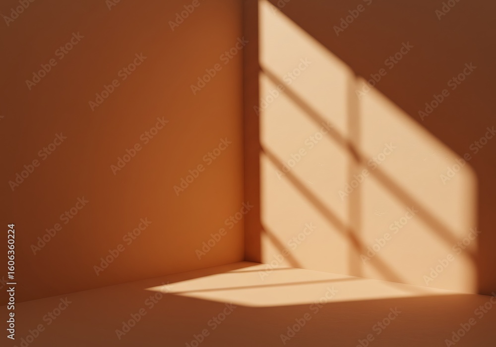 Poster sunlight streams through a window, casting a grid pattern of shadows on a muted orange wall and floo