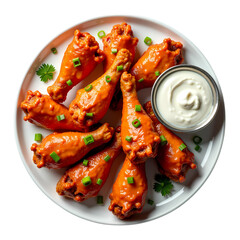 Spicy Buffalo Chicken Wings Recipe Garnish and Serving on white plate isolated on transparent background