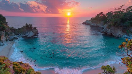 Seascape sunset with turquoise water, rocky cliffs, and pink-hued sky