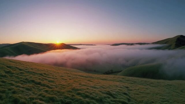 Golden Hills Sunrise. Soaring above majestic hills during sunrise, with vivid colors and soft shadows blending with the terrain.