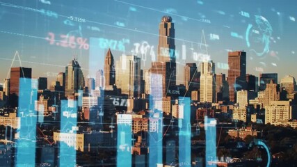Cityscape skyline view with financial data overlay and bar graph in the foreground at daytime - Powered by Adobe