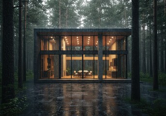 Modern house with large windows in a forest during a rainstorm with reflections on the ground