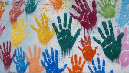 Vibrant CloseUp of Colorful Handprint Mural with Playful Overlapping Patterns on White Background