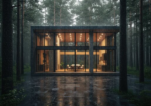 Fototapeta Modern house with large windows in a forest during a rainstorm with reflections on the ground