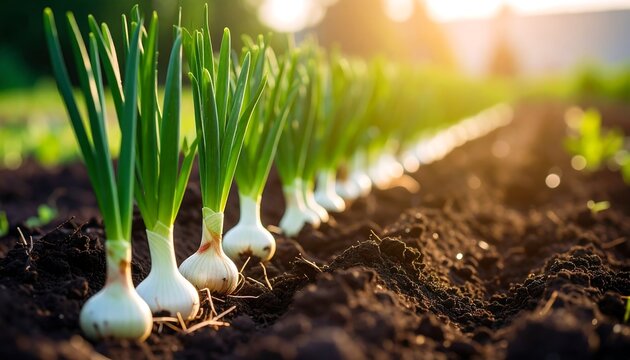 Rows of young onion plants in rich soil, bathed in sunlight