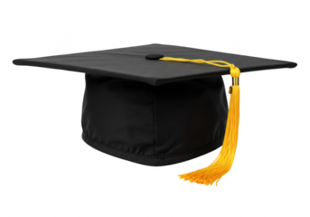 A black graduation cap with a yellow tassel sits isolated on a transparent background