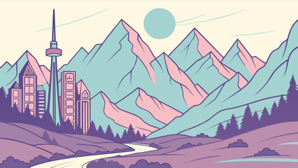 Pastel cityscape nestled between mountains with a winding river and a bright circular sun above