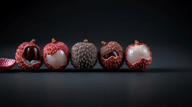Closeup of Ripe Lychee Fruits with Textured Skin and Juicy Flesh on Dark Background.