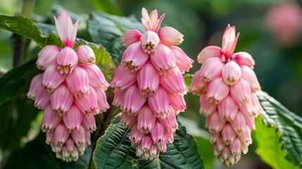 Three pink medinilla flowers, each cascading with layered petals