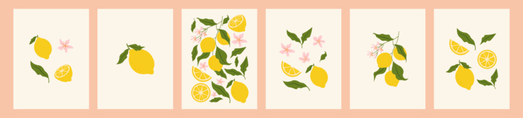 Set of citrus fruits abstract poster. Contemporary print with hand drawn lemon, leaves and flowers. Dolce vita aesthetics. Italian summer vacation. Elegant design for card, banner, menu, cover