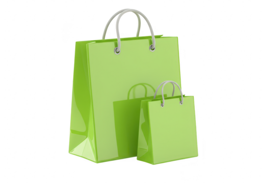 Two glossy green shopping bags with white handles, one large and one small, isolated on white isolated on transparent background