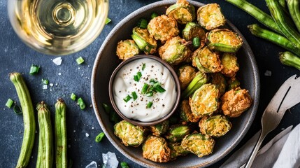 Crispy fried okra with creamy sauce and a glass of white wine.