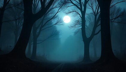 Eerie full moon illuminates misty path through dark forest with spooky atmosphere and shadowy trees