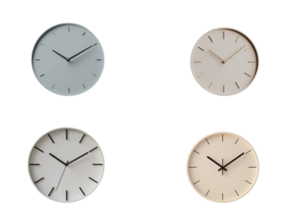 Four Round Wall Clocks Different Colors and Times Minimalist Design image