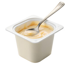 Yogurt with strawberry in white bowl. Vector cartoon illustration of healthy food.