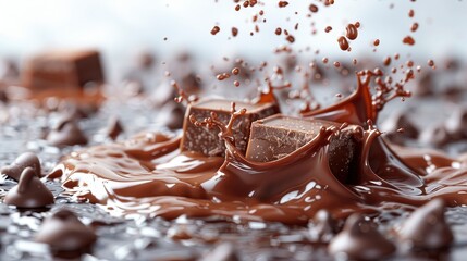 Chocolate blocks dropping into molten chocolate, creating a splash effect, against a blurred background