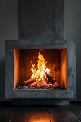 Modern concrete fireplace with a warm fire burning inside.