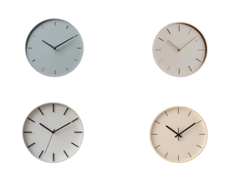 Four Round Wall Clocks Different Colors and Times Minimalist Design image