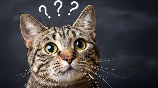 A curious tabby cat stares with question marks above its head, expressing confusion and a sense of wonder