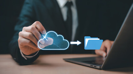 Business professional managing cloud data transfer to digital folders